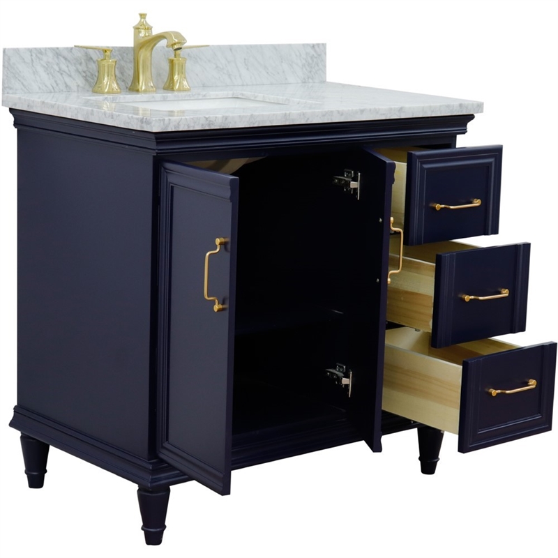 37 in. Single Wooden Vanity  Blue White Carrara Rectangle Left Door.Left Sink
