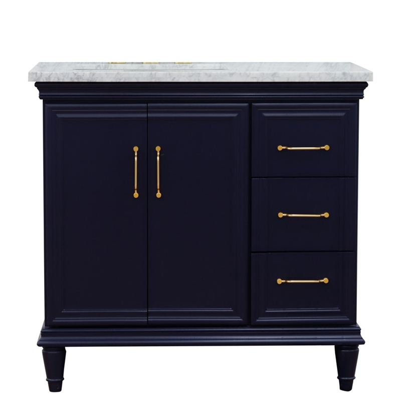 37 in. Single Wooden Vanity  Blue White Carrara Rectangle Left Door.Left Sink