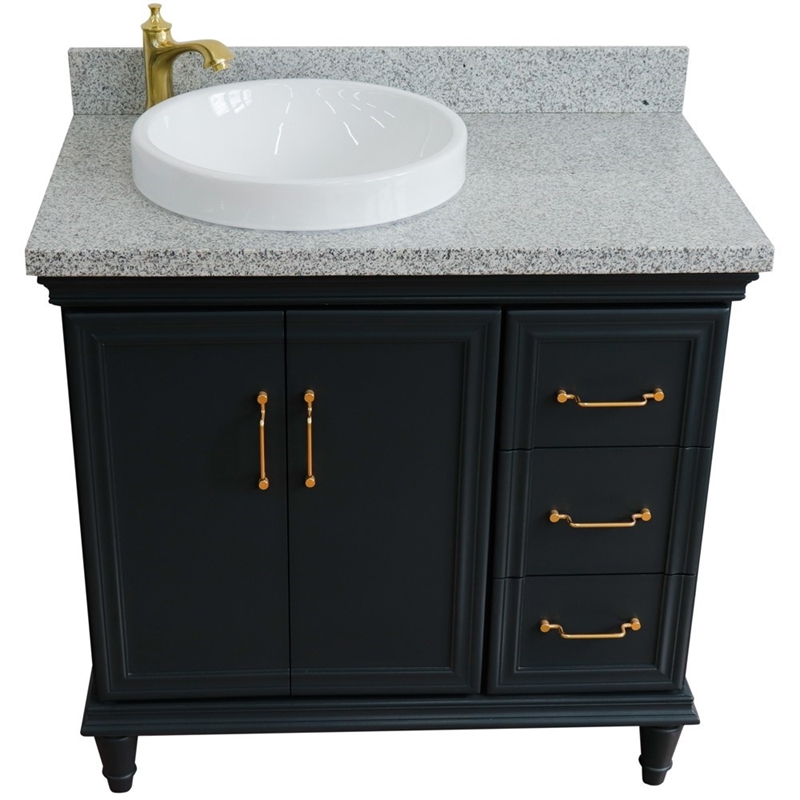37 in. Single Wooden Vanity  Dark Gray Gray Granite Round Left Door.Left Sink