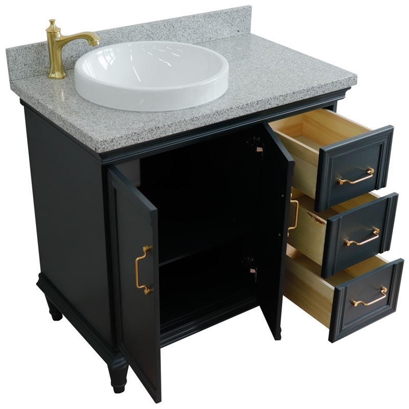 37 in. Single Wooden Vanity  Dark Gray Gray Granite Round Left Door.Left Sink