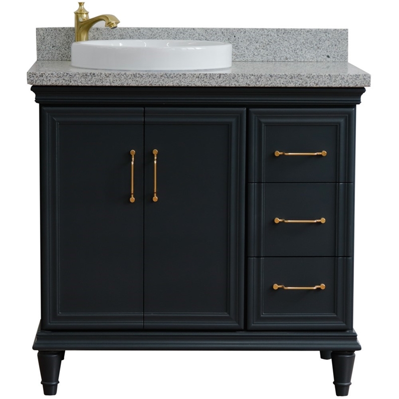 37 in. Single Wooden Vanity  Dark Gray Gray Granite Round Left Door.Left Sink