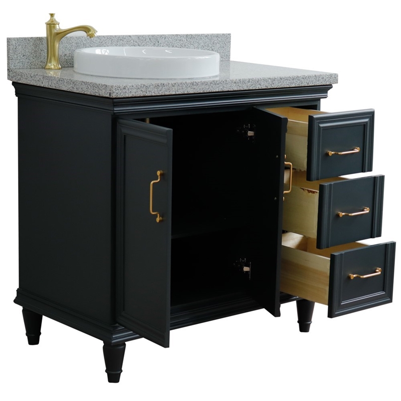 37 in. Single Wooden Vanity  Dark Gray Gray Granite Round Left Door.Left Sink