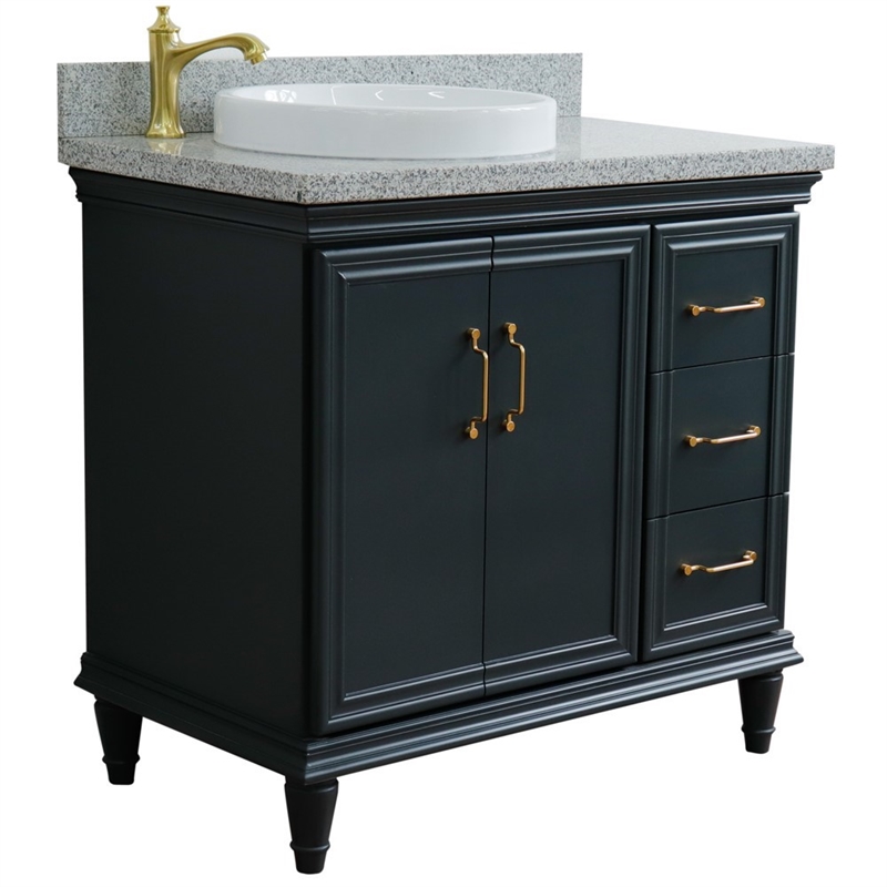 37 in. Single Wooden Vanity  Dark Gray Gray Granite Round Left Door.Left Sink