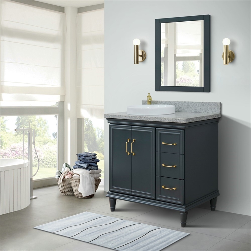37 in. Single Wooden Vanity  Dark Gray Gray Granite Round Left Door.Left Sink