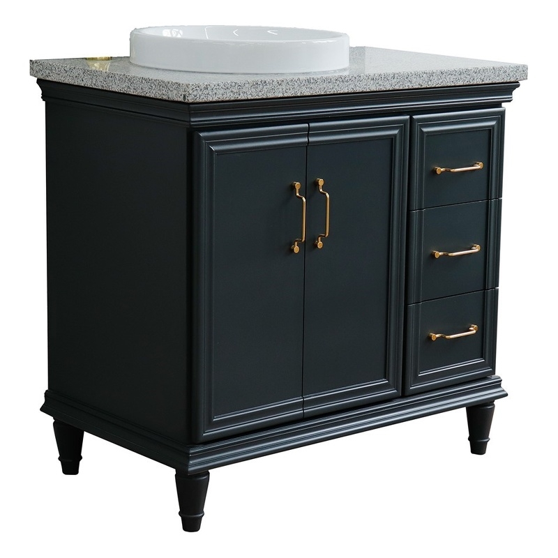 37 in. Single Wooden Vanity  Dark Gray Gray Granite Round Left Door.Left Sink