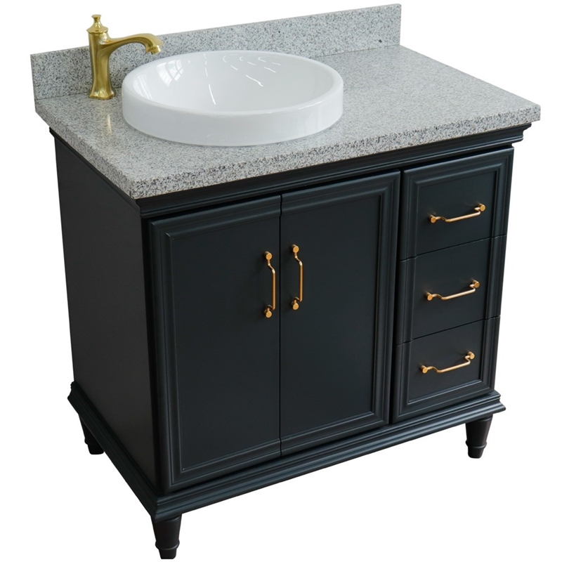 37 in. Single Wooden Vanity  Dark Gray Gray Granite Round Left Door.Left Sink