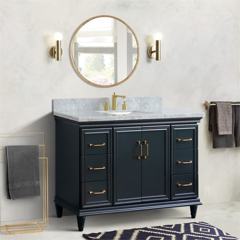 49 in. Single Wooden Vanity  Dark Gray with White Carrara Marble Rectangle Sink
