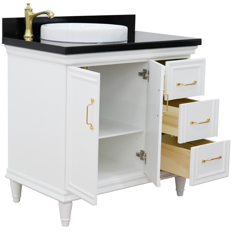 37 in. Single Wooden Vanity  White Black Galaxy Round Left Door.Left Sink