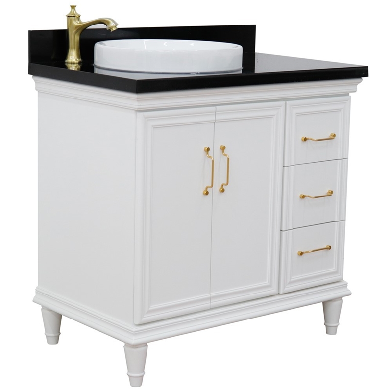 37 in. Single Wooden Vanity  White Black Galaxy Round Left Door.Left Sink