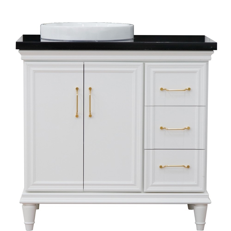 37 in. Single Wooden Vanity  White Black Galaxy Round Left Door.Left Sink