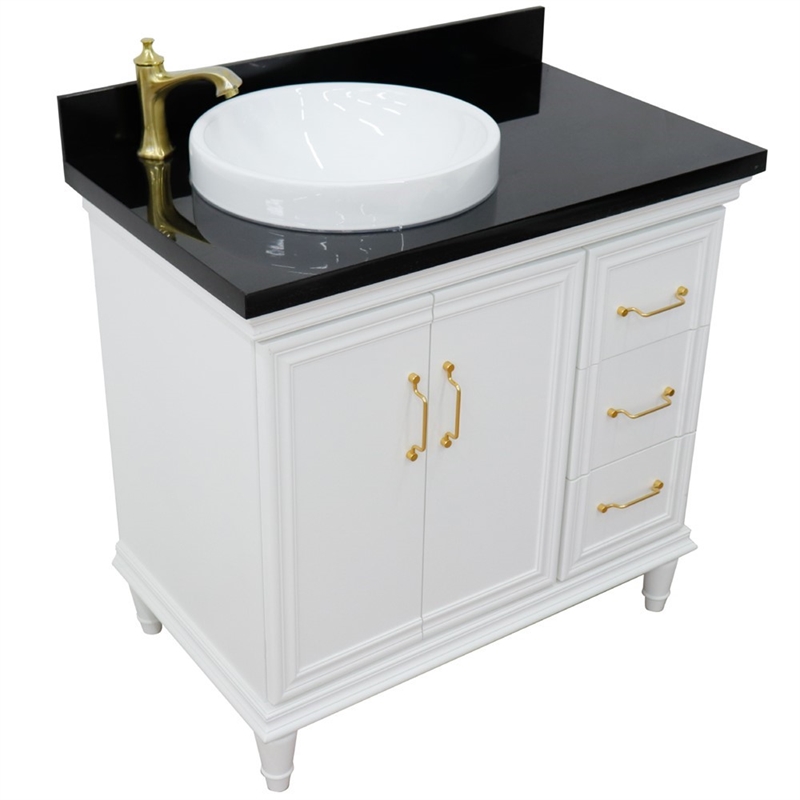 37 in. Single Wooden Vanity  White Black Galaxy Round Left Door.Left Sink