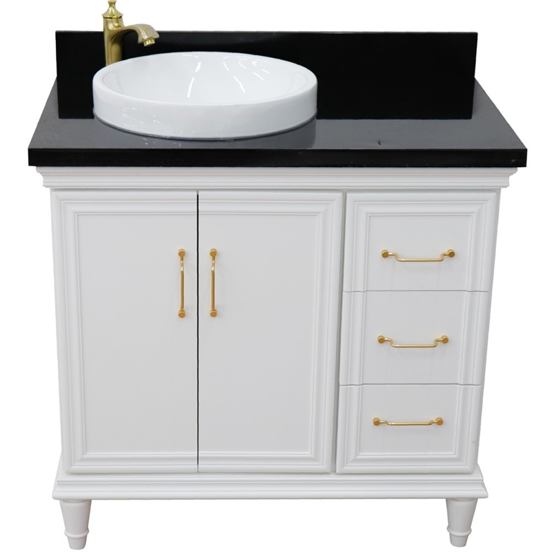 37 in. Single Wooden Vanity  White Black Galaxy Round Left Door.Left Sink