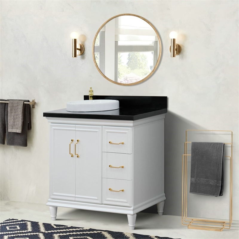 37 in. Single Wooden Vanity  White Black Galaxy Round Left Door.Left Sink