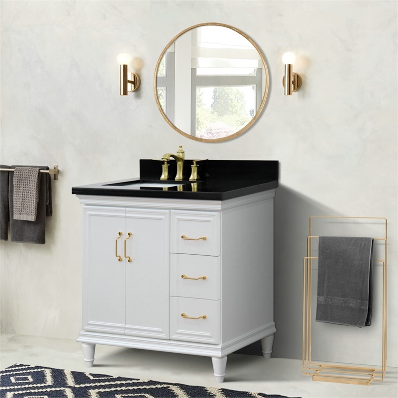 37 in. Single Wooden Vanity  White Black Galaxy Rectangle Left Door.Left Sink