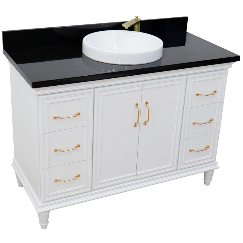 49 in. Single Wooden Vanity  White with Black Galaxy Granite Rectangle Sink