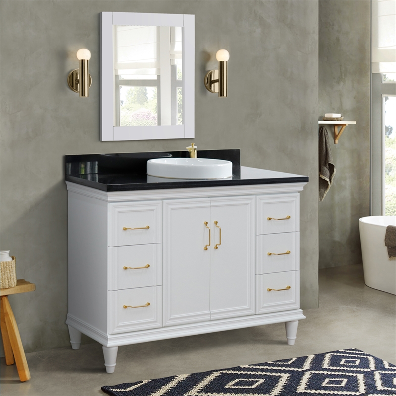 49 in. Single Wooden Vanity  White with Black Galaxy Granite Rectangle Sink