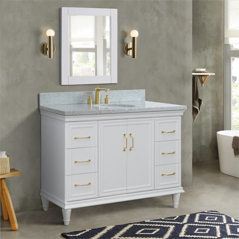 49 in. Single Wooden Vanity  White with Gray Granite Oval Sink