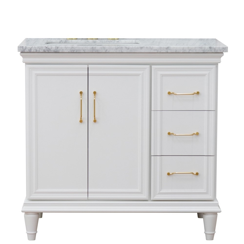 37 in. Single Wooden Vanity  White White Carrara Rectangle Left Door.Left Sink