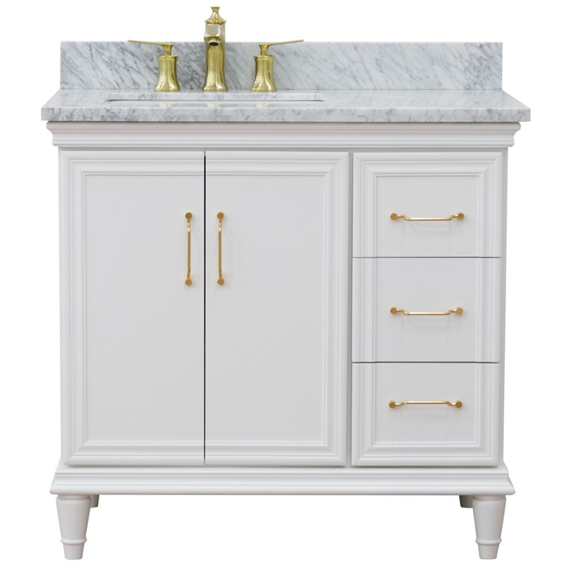37 in. Single Wooden Vanity  White White Carrara Rectangle Left Door.Left Sink