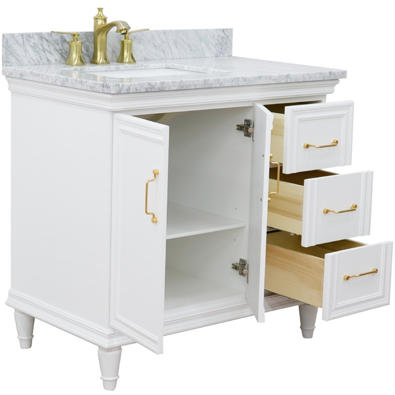 37 in. Single Wooden Vanity  White White Carrara Rectangle Left Door.Left Sink