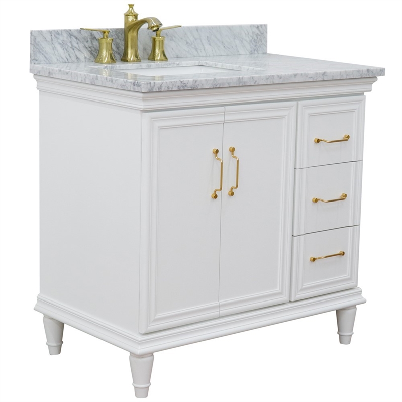 37 in. Single Wooden Vanity  White White Carrara Rectangle Left Door.Left Sink