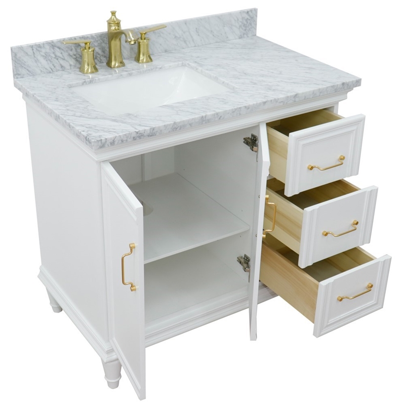 37 in. Single Wooden Vanity  White White Carrara Rectangle Left Door.Left Sink