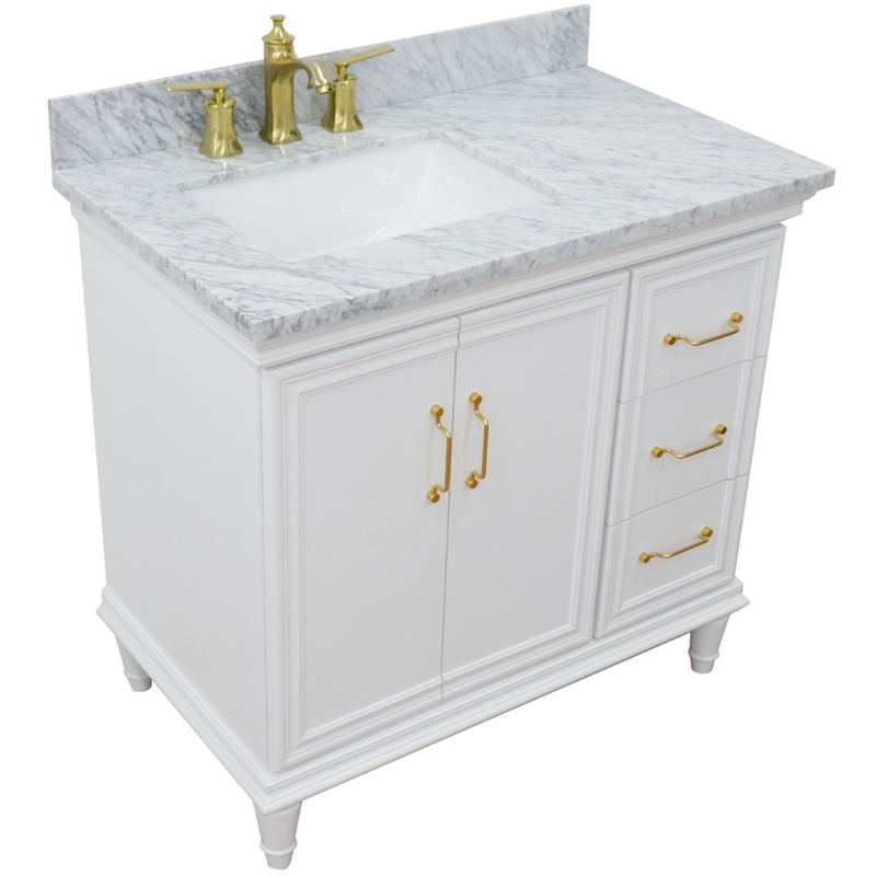 37 in. Single Wooden Vanity  White White Carrara Rectangle Left Door.Left Sink