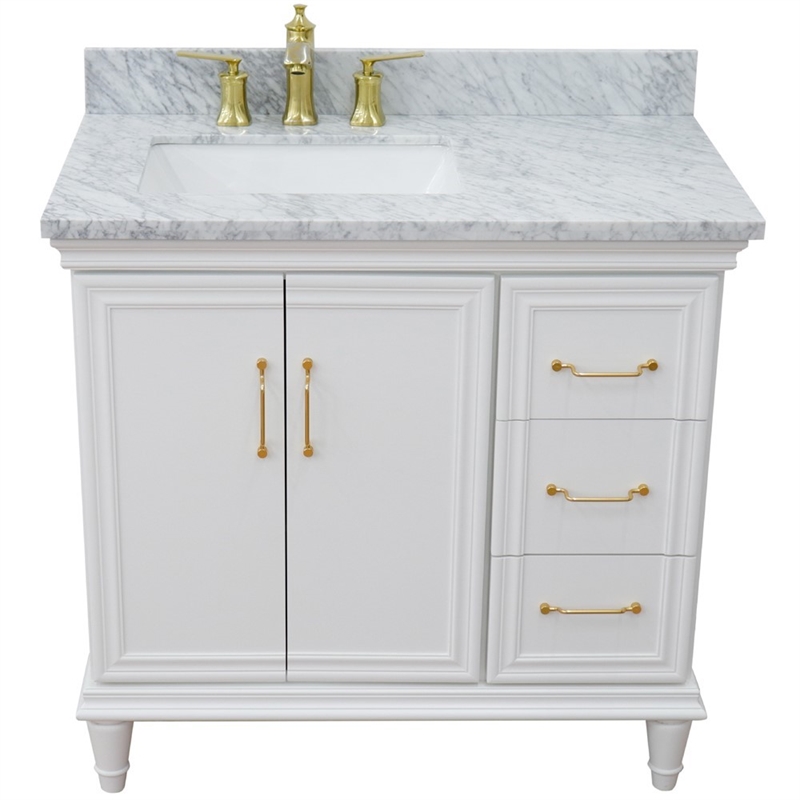 37 in. Single Wooden Vanity  White White Carrara Rectangle Left Door.Left Sink