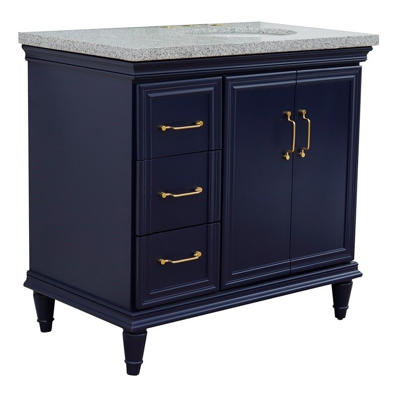 37 in. Single Wooden Vanity  Blue Gray Granite Oval Right Door.Right Sink