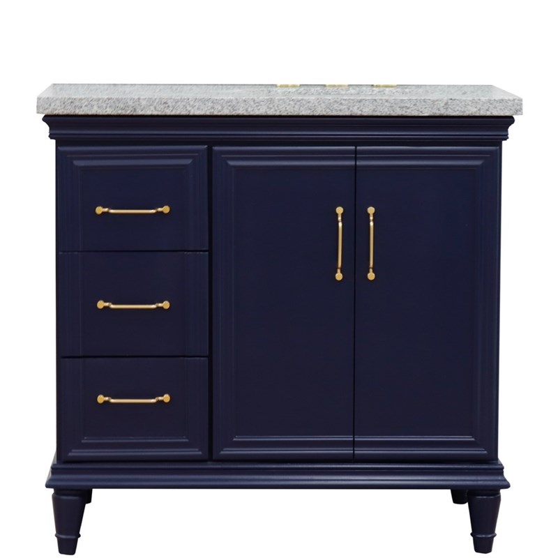 37 in. Single Wooden Vanity  Blue Gray Granite Oval Right Door.Right Sink