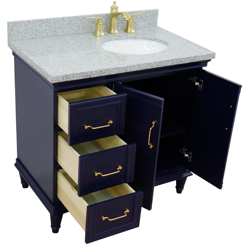 37 in. Single Wooden Vanity  Blue Gray Granite Oval Right Door.Right Sink