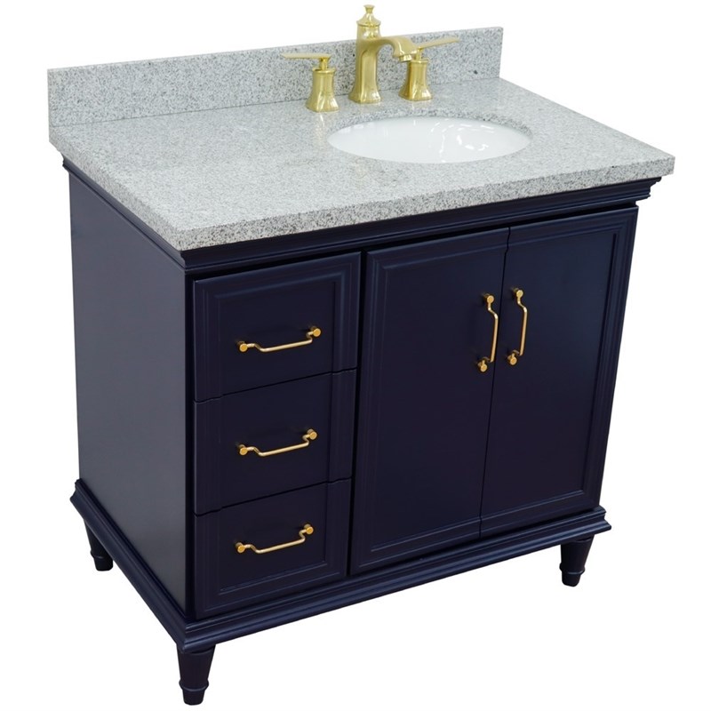 37 in. Single Wooden Vanity  Blue Gray Granite Oval Right Door.Right Sink