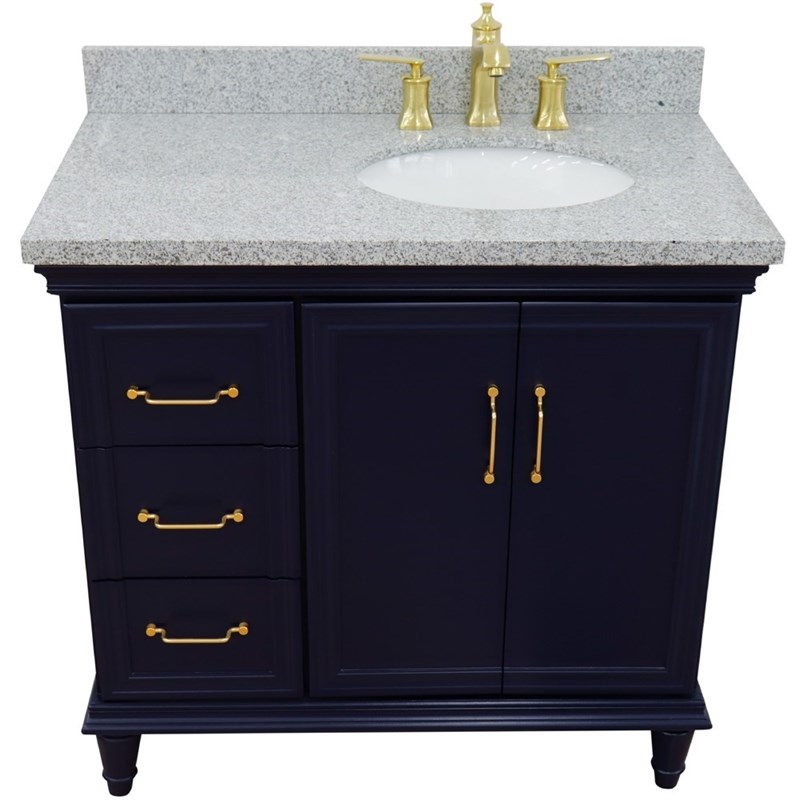 37 in. Single Wooden Vanity  Blue Gray Granite Oval Right Door.Right Sink