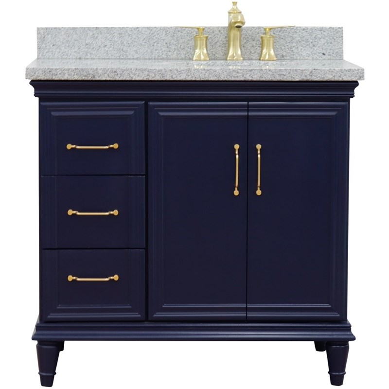 37 in. Single Wooden Vanity  Blue Gray Granite Oval Right Door.Right Sink