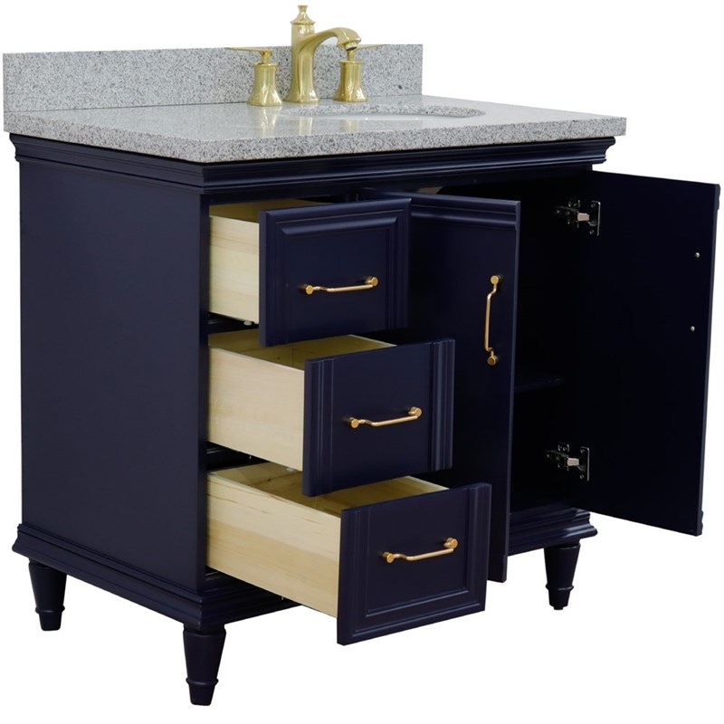 37 in. Single Wooden Vanity  Blue Gray Granite Oval Right Door.Right Sink