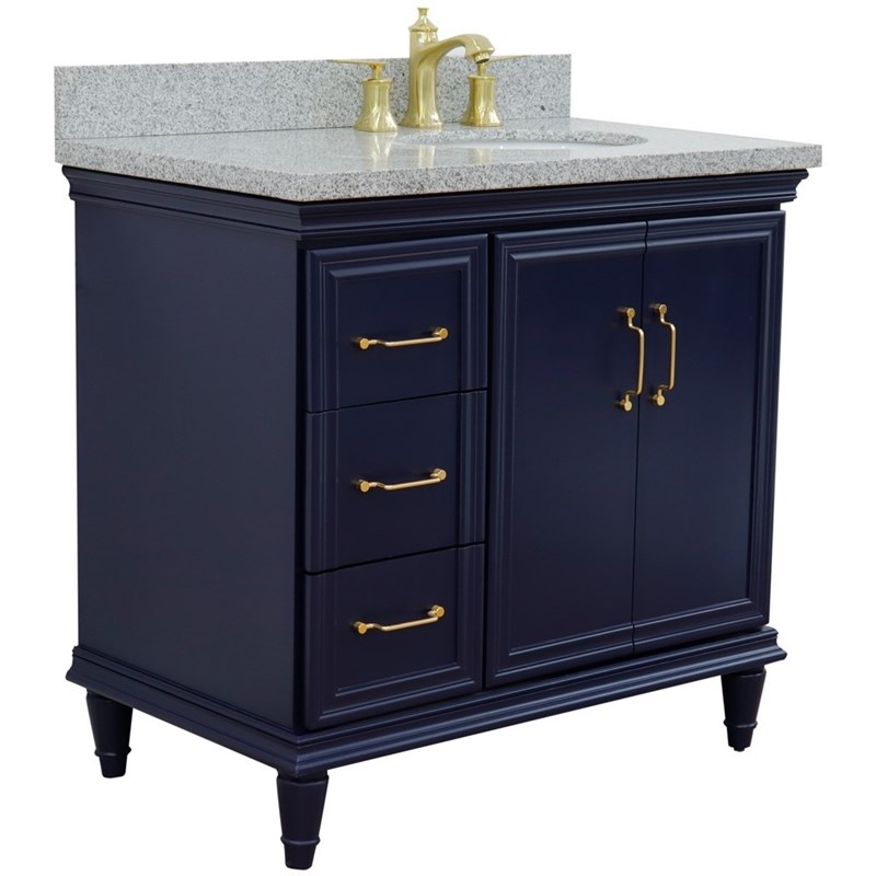 37 in. Single Wooden Vanity  Blue Gray Granite Oval Right Door.Right Sink