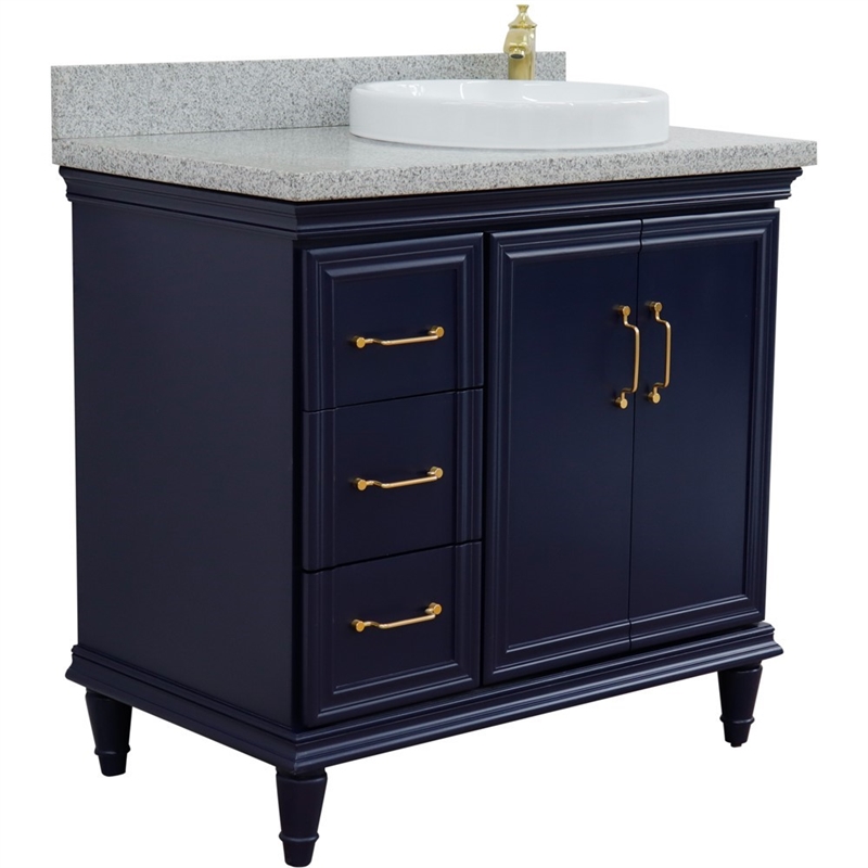 37 in. Single Wooden Vanity  Blue Gray Granite Round Right Door.Right Sink