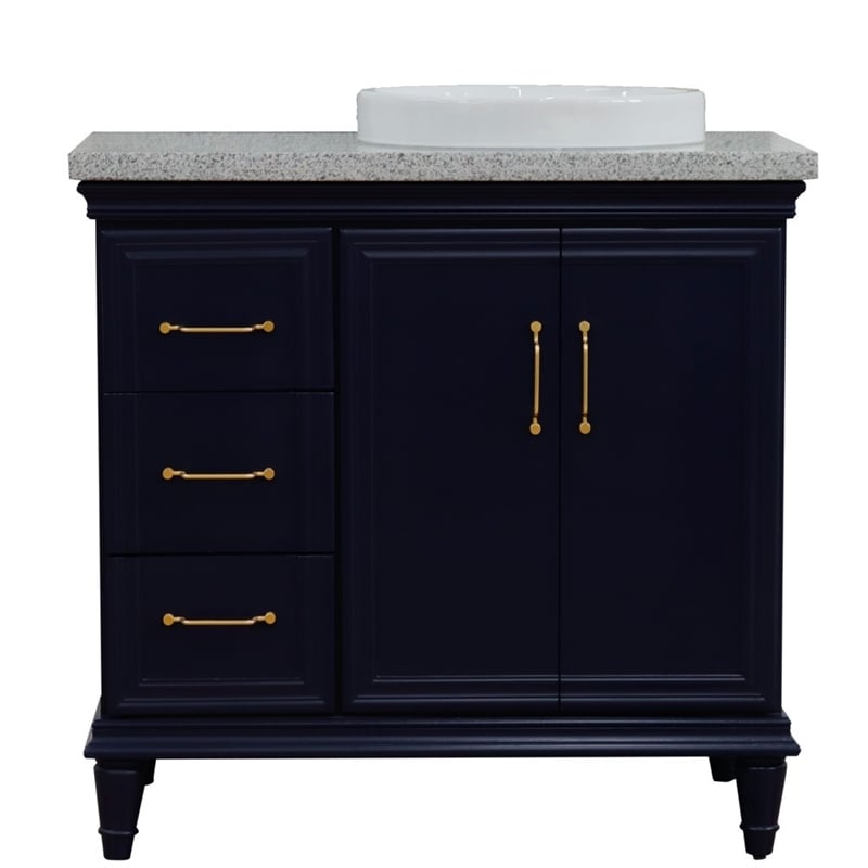 37 in. Single Wooden Vanity  Blue Gray Granite Round Right Door.Right Sink