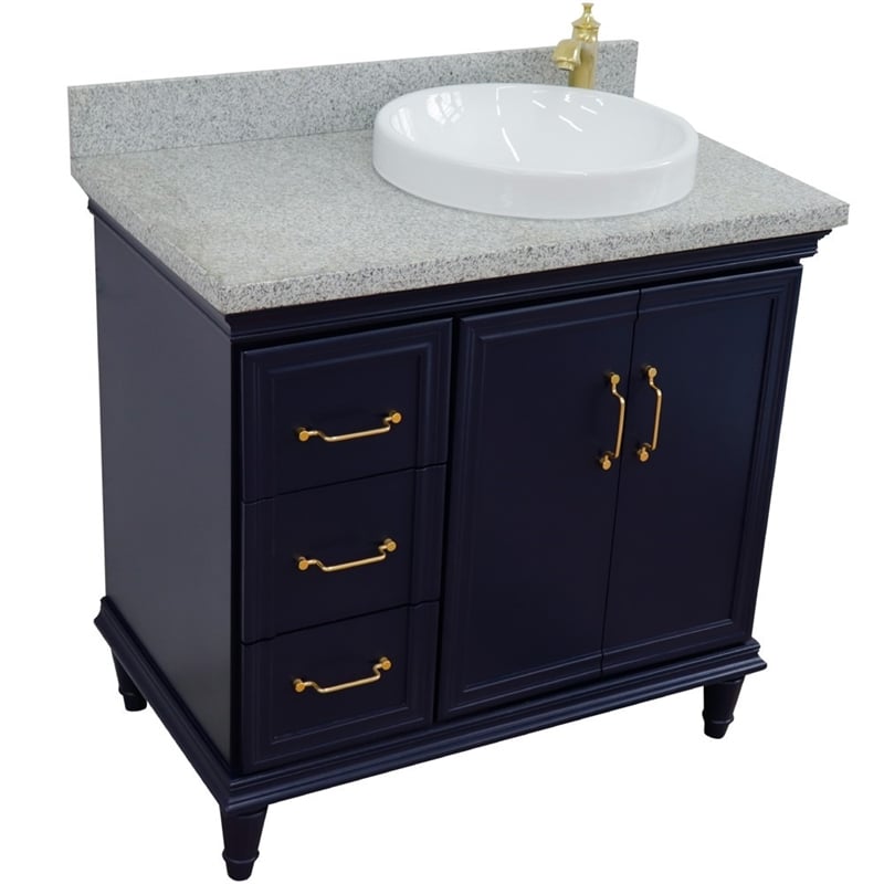 37 in. Single Wooden Vanity  Blue Gray Granite Round Right Door.Right Sink