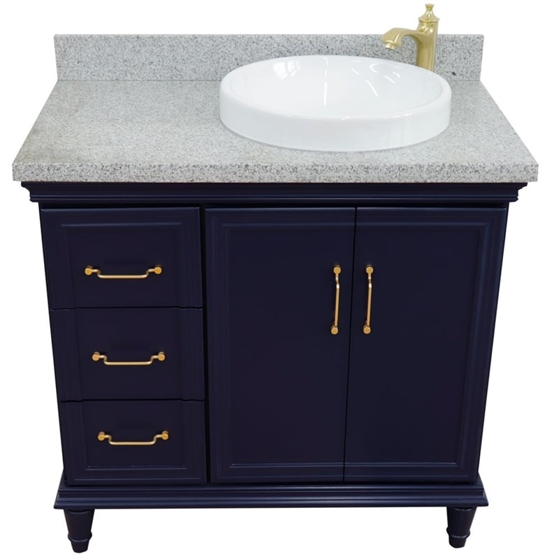 37 in. Single Wooden Vanity  Blue Gray Granite Round Right Door.Right Sink
