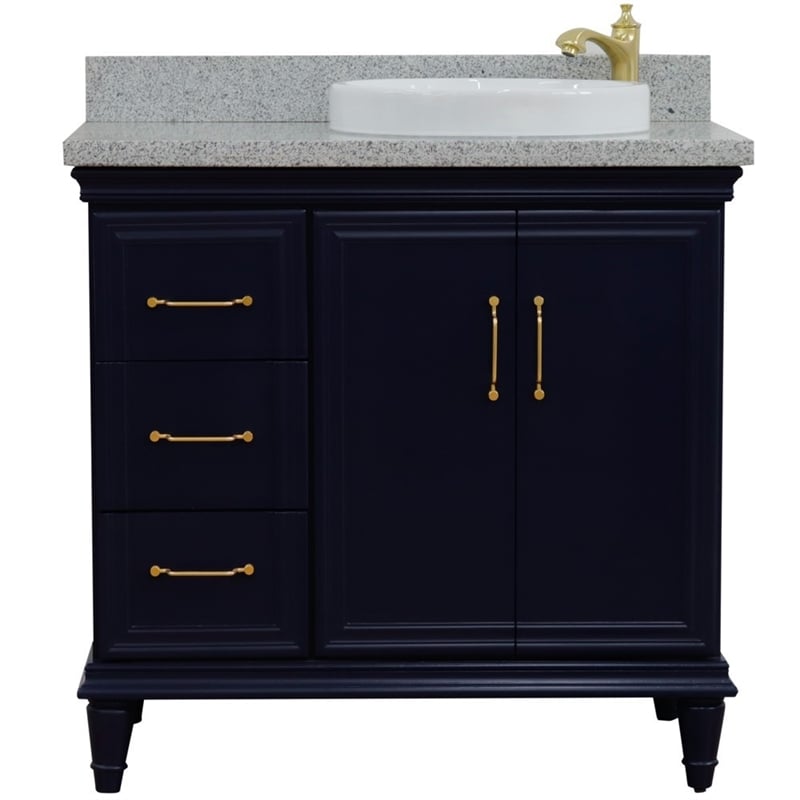 37 in. Single Wooden Vanity  Blue Gray Granite Round Right Door.Right Sink