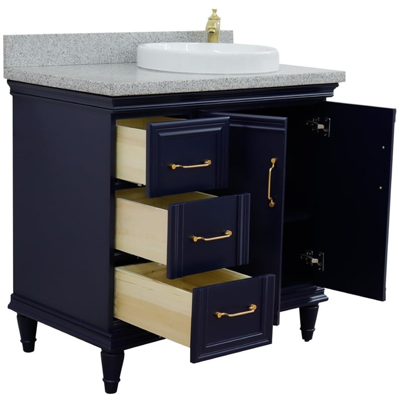 37 in. Single Wooden Vanity  Blue Gray Granite Round Right Door.Right Sink