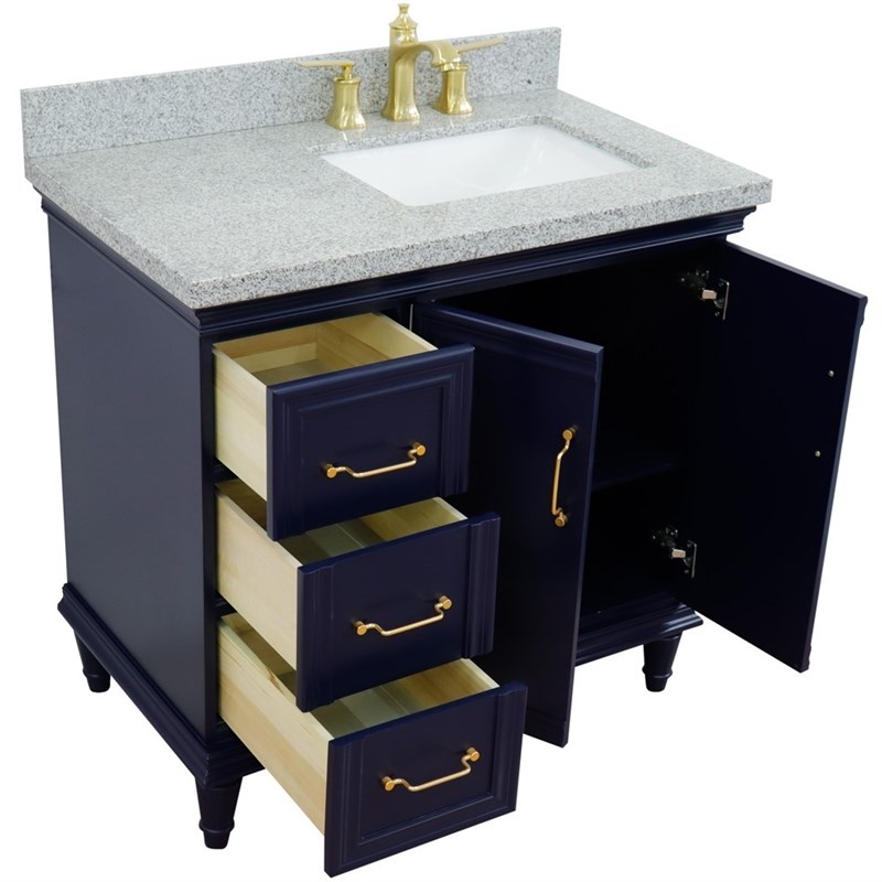 37 in. Single Wooden Vanity  Blue Gray Granite Rectangle Right Door.Right Sink