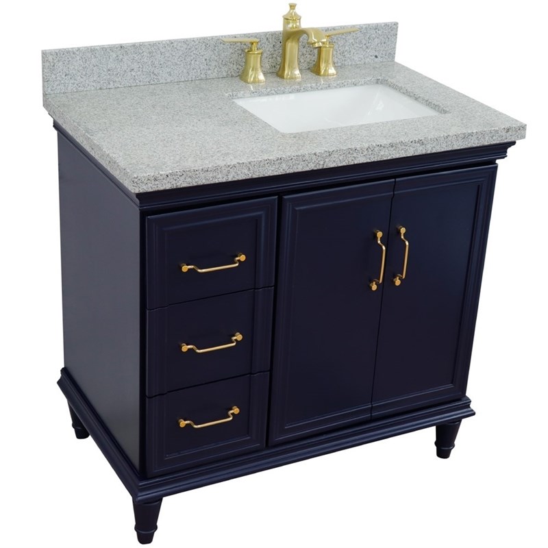 37 in. Single Wooden Vanity  Blue Gray Granite Rectangle Right Door.Right Sink