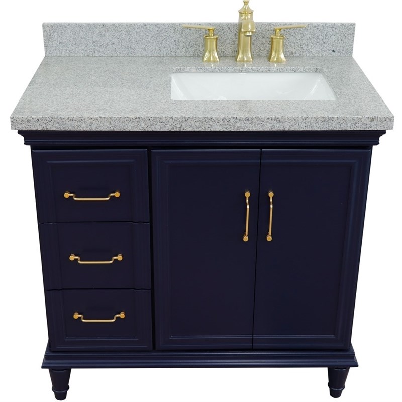 37 in. Single Wooden Vanity  Blue Gray Granite Rectangle Right Door.Right Sink