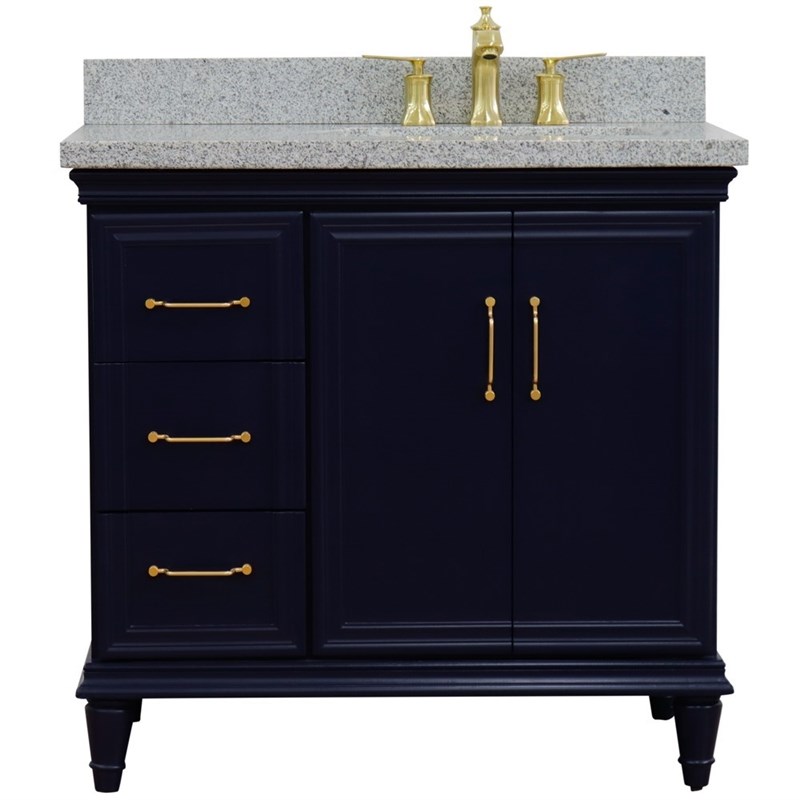 37 in. Single Wooden Vanity  Blue Gray Granite Rectangle Right Door.Right Sink