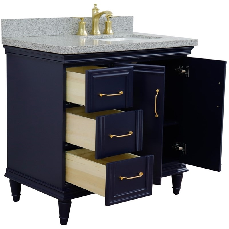 37 in. Single Wooden Vanity  Blue Gray Granite Rectangle Right Door.Right Sink