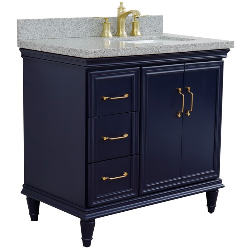 37 in. Single Wooden Vanity  Blue Gray Granite Rectangle Right Door.Right Sink