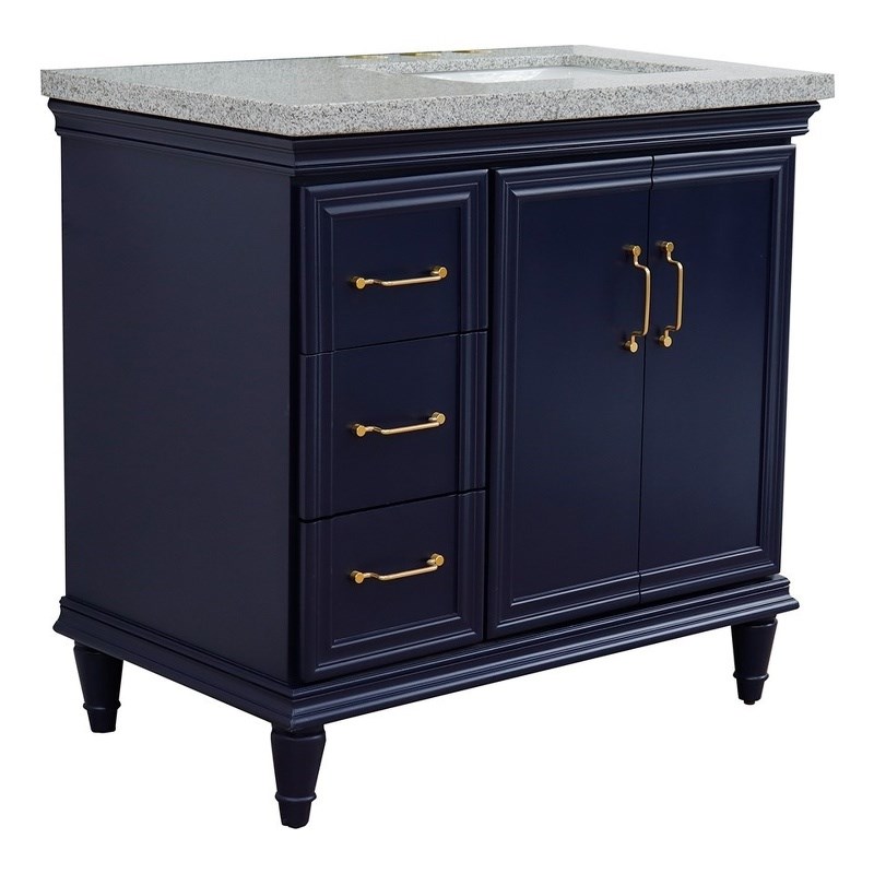 37 in. Single Wooden Vanity  Blue Gray Granite Rectangle Right Door.Right Sink