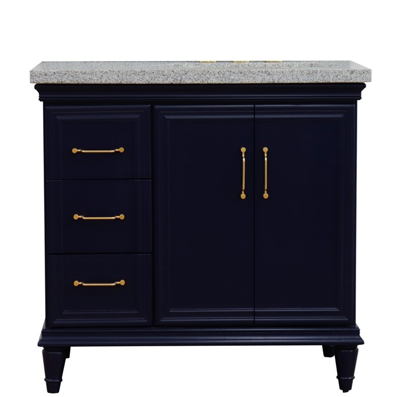 37 in. Single Wooden Vanity  Blue Gray Granite Rectangle Right Door.Right Sink